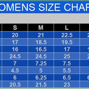 May include: A blue and black chart titled "WOMENS SIZE CHART" with measurements for chest, waist, shoulder, sleeves, bicep, cuff, elbow, and hip. Sizes range from XS to 3XL, with measurements in inches.