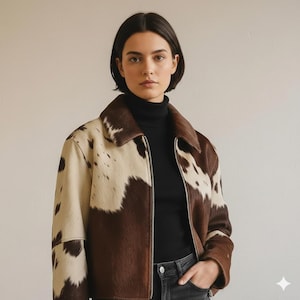 May include: A brown, cream, and white cowhide jacket with a zip-up front and a collar. The jacket is worn over a black turtleneck. The model is wearing black jeans.