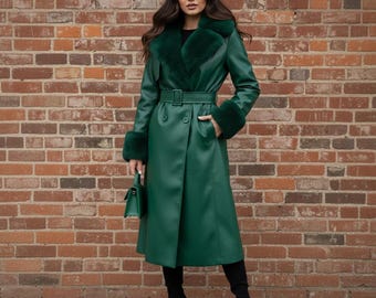 Emerald Green Faux Leather Trench Coat with Faux Fur Trim - Elegant Winter Overcoat for Women - Long Belted Leather Jacket with Fur Cuffs