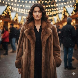May include: A woman wearing a brown faux fur coat with a black dress. The coat has a wide collar and cuffs. The background shows a blurred outdoor scene with string lights and people.