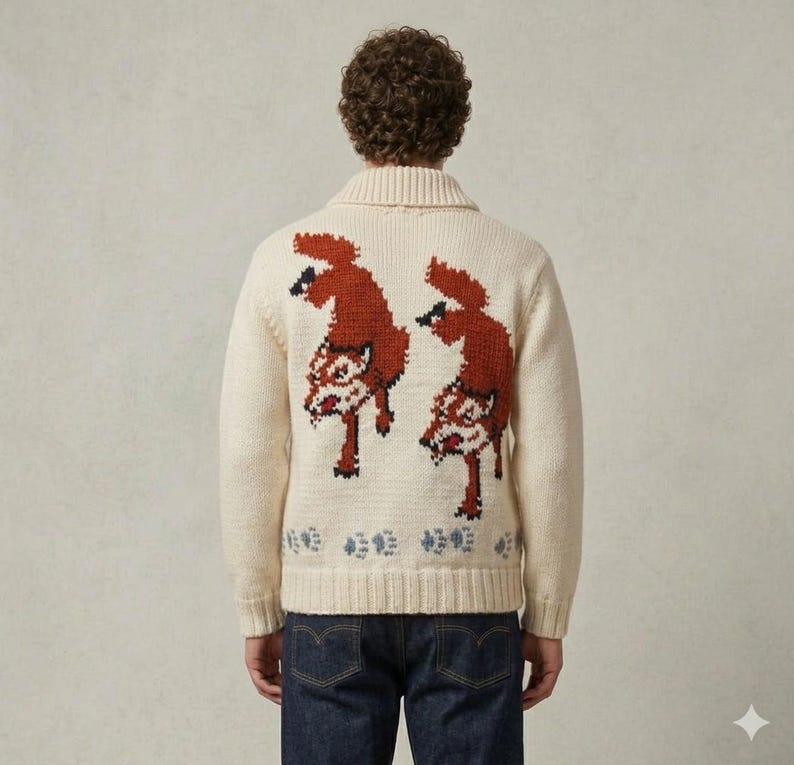 May include: Cream-colored knit cardigan with a shawl collar. The back features two stylized, rust-colored fox figures. Blue and white paw prints are at the bottom. The cardigan is paired with blue denim jeans.