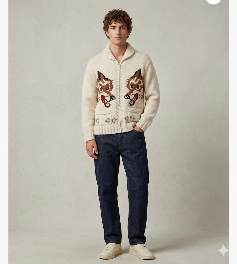 May include: Cream-colored zip-up cardigan sweater with two cartoon dog designs on the front. The sweater has a shawl collar, two front pockets, and a decorative pattern near the bottom. The person is wearing dark blue jeans and cream-colored sneakers.