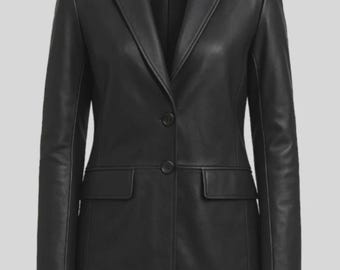 Classic Black Leather Blazer for Women | Real Lambskin Leather Jacket | Tailored Two-Button Leather Suit Jacket