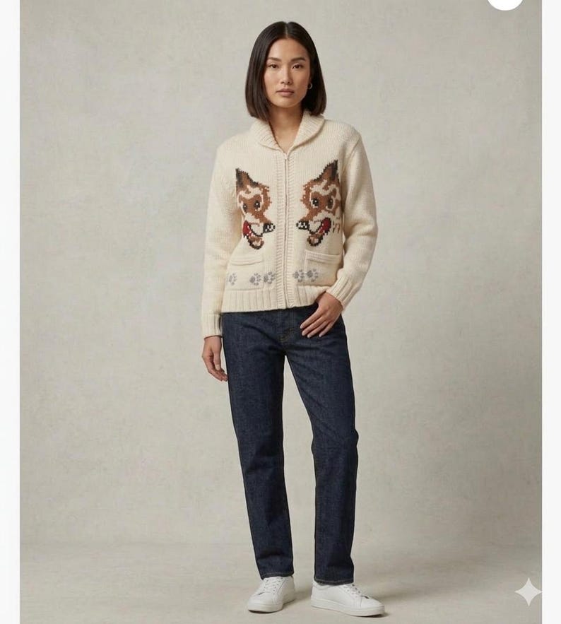 May include: Cream-colored zip-up cardigan sweater with a shawl collar and two front pockets. The sweater features a whimsical design of two brown and tan animal figures with red hearts. The person is wearing dark blue jeans and white sneakers.