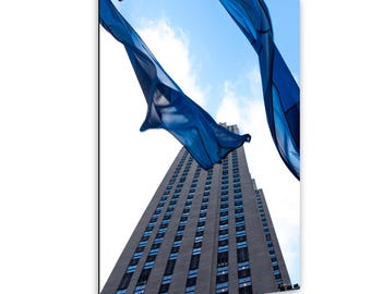 Rockefeller Center Photography Print, NYC Skyscraper Art, Blue Flags