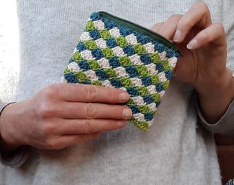 Green, blue and cream crochet coin purse