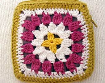 Granny square crochet coin purse in green and purple
