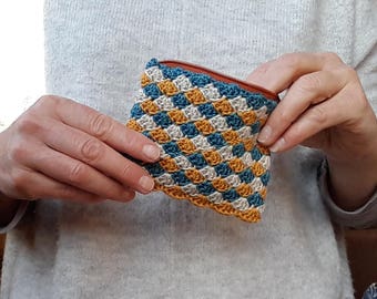 Blue, mustard and green crochet coin purse