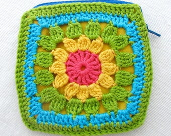 Crochet coin purse in green granny squares