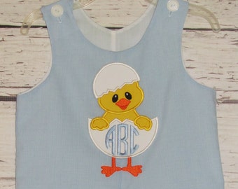 Easter Longall Shortall Bubble Monogram Boys Jon Jon Romper First Easter Outfit Easter Chick Monogrammed Applique