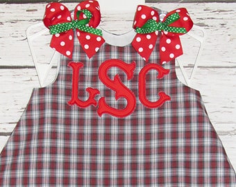 Plaid Christmas A-line Dress Bloomer Set Monogram Christmas Outfit First Christmas Dress