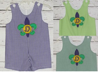 Boys Mardi Gras Monogram Longall Shortall Fleur De Lis Monogram Jon Jon Romper