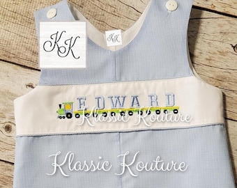 Train Name Shortall Longall Bubble First Birthday Outfit Train Birthday Jon Jon Take Me Home Romper MICROCHECK