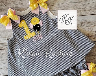 Girls Bumble Bee First Birthday Bloomer Set Bumble Bee Birthday A-line Dress Swing Top Bloomer Set LIGHT PINK BOWS