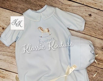 Baby Boy Heirloom Daygown Baby Layette Take Me Home Matching Bonnet Burper Bib Set Rocking Horse Daygown Blue Ivory