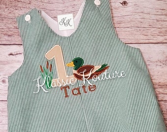 Mallard Duck First Birthday Bubble Shortall Romper Jon Jon Duck Hunting Birthday