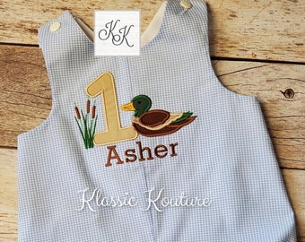 Mallard Duck First Birthday Bubble Shortall Romper Jon Jon Duck Hunting Birthday