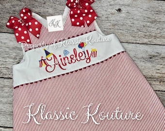 Carnival Circus First Birthday Bubble Bloomer Set A-line Dress  Birthday Outfit Carousel Circus Tent Cotton Candy Popcorn