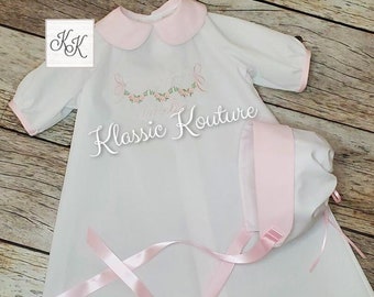 Baby Girl Heirloom Daygown Baby Layette Take Me Home Matching Bonnet Burper Bib Set