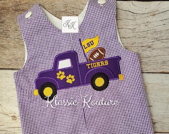 Tigers Shortall Longall Jon Jon Team Spirit Romper Purple and Gold Football Longall Team Truck Applique