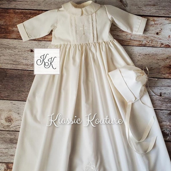 Christening Gown Boys Baptism Gown Unisex Gown Baby Blessing Gown Girl Baptims Gown RIBBON CROSS ivory white