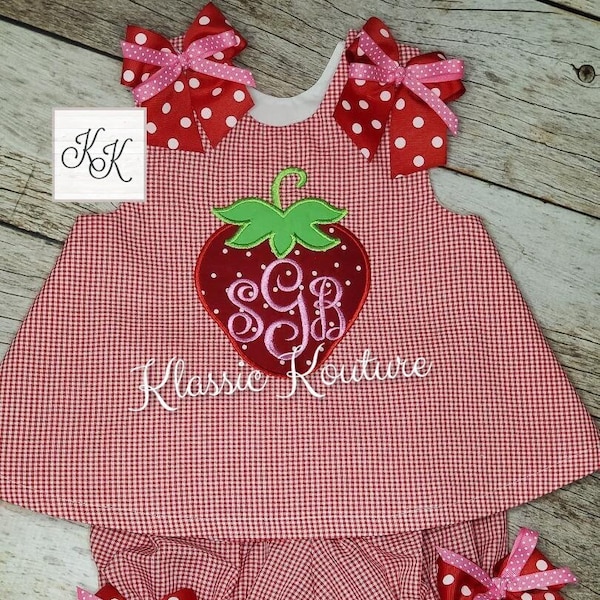 Girls Strawberry Monogram Bubble Swing Top Bloomer Set A-line Dress First Birthday Strawberry Birthday Dress