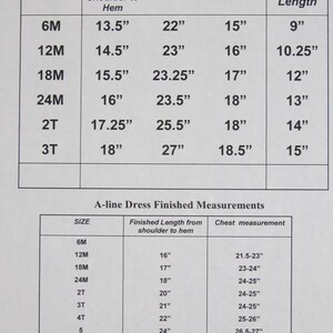 May include: Chart showing finished garment measurements for a bloomer set and a-line dress. The chart includes sizes from 6 months to 6 years old. Measurements are in inches.