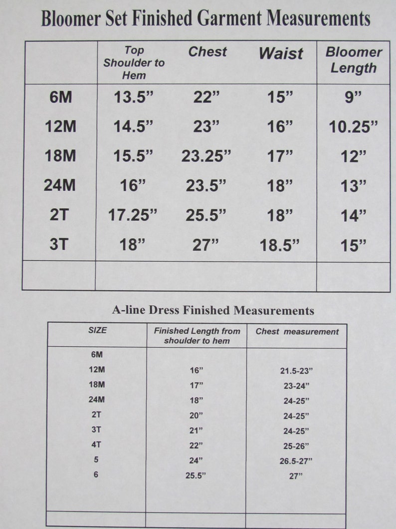 May include: Chart showing finished garment measurements for a bloomer set and a-line dress. The chart includes sizes from 6 months to 6 years old. Measurements are in inches.