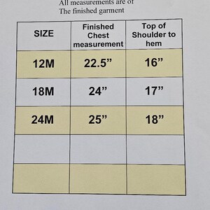 May include: Apron dress size chart with measurements in inches. The chart includes sizes 12M, 18M, and 24M, with corresponding finished chest measurements of 22.5", 24", and 25", and top of shoulder to hem measurements of 16", 17", and 18".