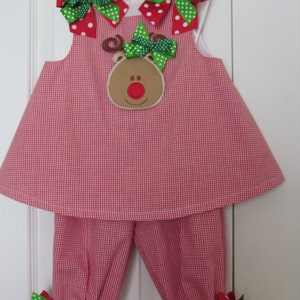 Christmas Red Check Applique Bloomer Set with Reindeer Applique Long or Short Bloomers Free Monogram