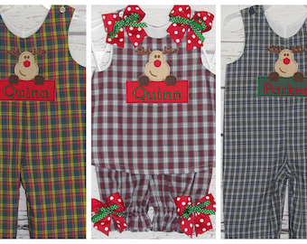 Plaid Sibling Matching Chirstmas Reindeer Longall Shortall Bloomer Set A-line Dress First Christmas Twins Romper Jon Jon