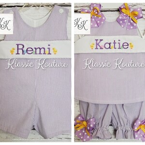 Easter Sibling Matching Longall Shortall Jon Jon A-line Dress Swing Top Bloomer Set Easter Chicks Monogram First Easter Outfits Twins