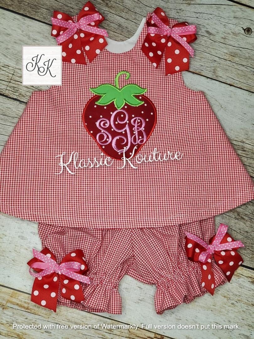 Girls Strawberry Monogram Bubble Swing Top Bloomer Set A-line Dress First Birthday Strawberry Birthday Dress
