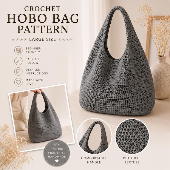 Large Crochet Hobo Bag Pattern PDF, Slouchy Shoulder Tote Tutorial, Beginner Friendly Crochet Purse, Digital Download