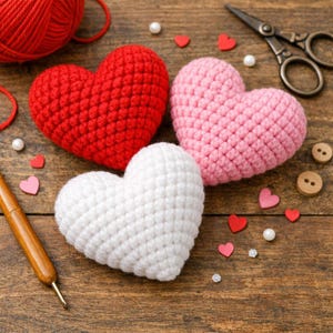 Könnte beinhalten: Drei gehäkelte Herzen in Rot, Rosa und Weiß liegen auf einer Holzoberfläche, umgeben von Bastelmaterialien. Ein Knäuel roter Wolle, ein Häkelhaken, eine Schere, Knöpfe und kleine herzförmige Verzierungen ergänzen die Szene.