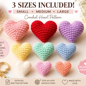 Puede incluir: Un patrón digital de corazón a ganchillo que incluye 3 tamaños: pequeño, mediano y grande. La imagen muestra nueve corazones tejidos en varios colores, incluyendo rosa, rojo, morado, amarillo, verde menta, azul, blanco, rosa claro y naranja.