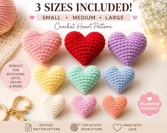 Easy Crochet Heart Pattern, 3 Sizes, Amigurumi PDF, Keychain Decor (Digital Download)