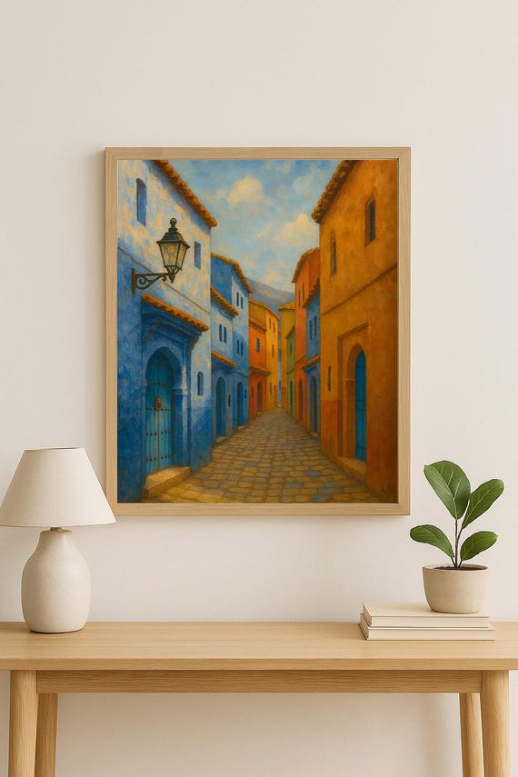 Moroccan Street Print, Mediterranean Town Artwork (digital
