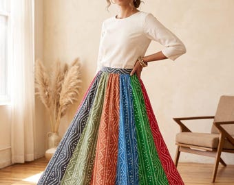 Printed Bandhani Kali Skirt, Multicolored Lehnga Style, Festival Dance Wear, Polyester Fabric