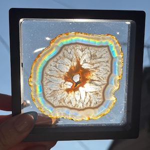 May include: A translucent, sliced agate stone with a jagged, amber-colored outer rim and a white, crystalline center, encased in a square, black floating display frame that allows light to pass through, creating a vibrant rainbow refraction.