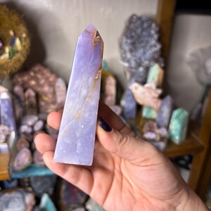 May include: A light purple crystal tower with a pointed top and golden-brown inclusions. The crystal is held in a hand, with other crystals and shelves in the background. The crystal is a light lavender color.