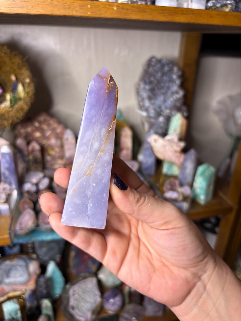 May include: A light purple crystal tower with a pointed top and golden-brown inclusions. The crystal is held in a hand, with other crystals and shelves in the background. The crystal is a light lavender color.