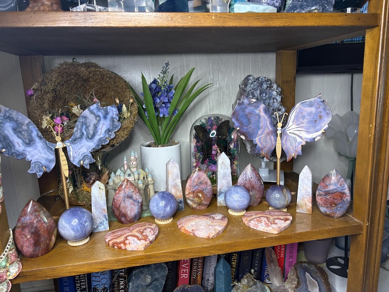 May include: A wooden shelf displays a collection of crystals and decorative items. The shelf holds various polished stones, including spheres, obelisks, and heart-shaped pieces. Two butterfly sculptures with blue and purple wings are also present, along with a small potted plant.