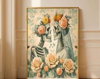 Skeleton Lovers Printable Wall Art, Gothic Home Decor, Til Death Embrace Poster, Romantic Wedding Print, Los Enamorados, Digital Download