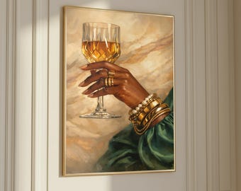 Black Woman Holding Elegant Glass Printable Wall Art, Luxury African American Aesthetic Decor, Trendy Afrocentric Poster, Digital Download
