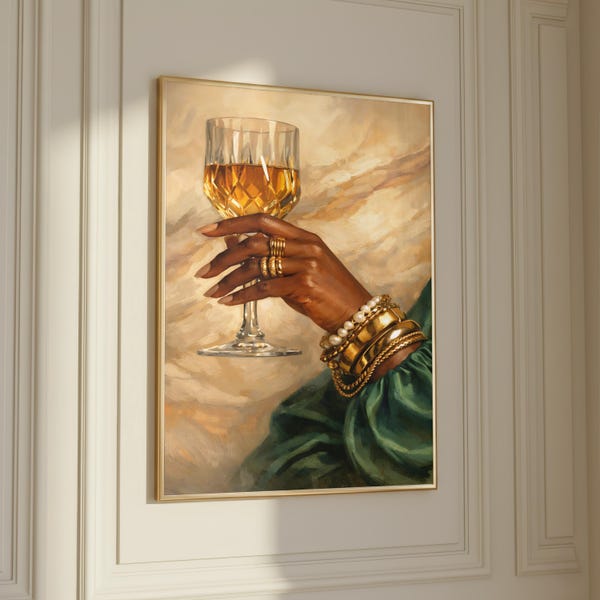 Black Woman Holding Elegant Glass Printable Wall Art, Luxury African American Aesthetic Decor, Trendy Afrocentric Poster, Digital Download