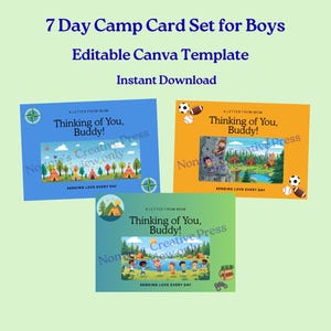 Może przedstawiać: Zestaw trzech kolorowych kart z motywem obozowym, z tekstem "7 Day Camp Card Set for Boys" i "Thinking of You, Buddy!". Karty zawierają ilustracje scen z obozów i są edytowalnym szablonem Canva.