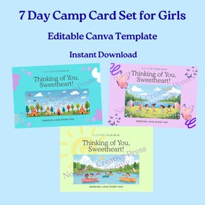 May include: A digital download of a 7-day camp card set for girls. The cards feature illustrations of camp scenes with the text "Thinking of You, Sweetheart!" and "Sending Love Every Day." The cards are editable in Canva.