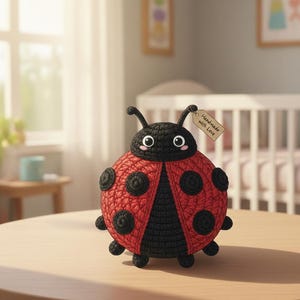 Könnte beinhalten: Eine handgefertigte Häkel-Marienkäfer mit rotem Körper, schwarzen Punkten und einem schwarzen Kopf. Der Marienkäfer hat ein Etikett mit der Aufschrift "Handmade with Love". Er sitzt auf einem hellbraunen Tisch.