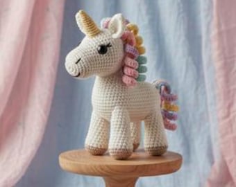 May include: A cream-coloured crocheted unicorn toy with a golden horn and a multicoloured mane and tail. The unicorn stands on a small wooden pedestal against a backdrop of pink and blue fabric.